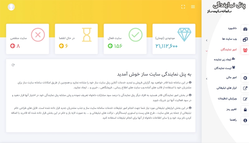 نمایی از پنل نمایندگی سامانه سایت سازآبتین